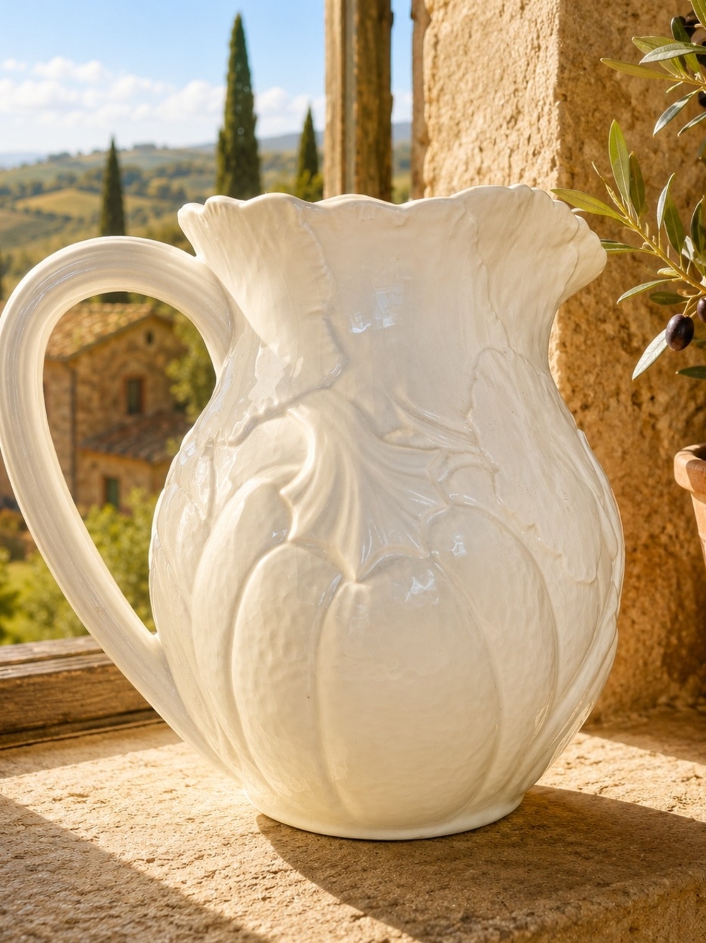 Tuscan White CERAMIC PITCHER/ VASE FALL DETAILS